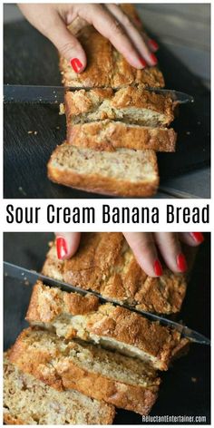 two pictures showing how to make sour cream banana bread with the words sour cream banana bread