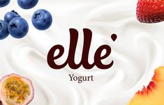 an advertisement for a yogurt brand with fruits and berries around it on a white background