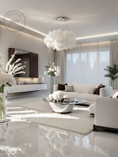 a modern living room with white furniture and flowers in vases on the coffee table