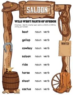 a poster with words and pictures on it that say saldon, wild west parts of speech