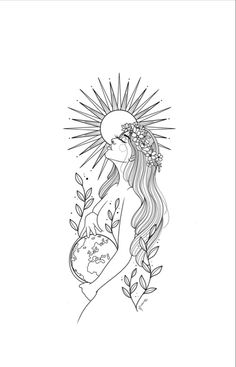 a drawing of a woman holding the earth in her hands and sun above her head