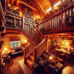 the inside of a log cabin with lots of bookshelves and stairs leading up to the second floor