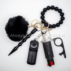 Black Widow Defender Safety Keychain with Black Wristlet and Faux Fur Pom Pom and Optional Pepper Spray Silicone Bead Wristlet, Safety Keychain, Keychain Black, Personal Security, Self Defense Tools, Confident Style, Black Wristlet, Personal Safety, Keychain Set