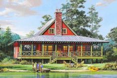 a painting of a house on the water