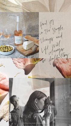 a collage of photos with food and wine