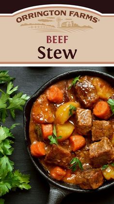 beef stew in a cast iron skillet with carrots and parsley on the side