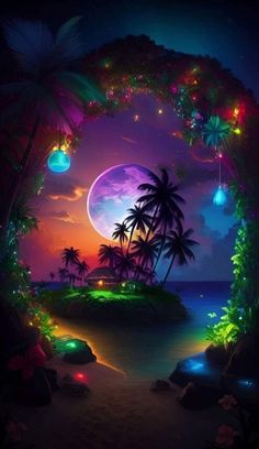 an image of a tropical island with palm trees and the moon in the sky at night