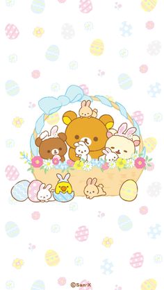 an image of some animals in a basket with eggs on the ground and easter eggs around it