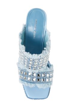 Sparkling crystals make a glam statement on a block-heel sandal finished with frayed edges for added textural appeal. 6" heel Synthetic upper, lining and sole Imported Womens Shoe Trends, Denim Heels Outfit, Statement Heels, Denim Heels, Denim Sandals, Azalea Wang, Womens Shoe, Embellished Heels, Square Toe Sandals