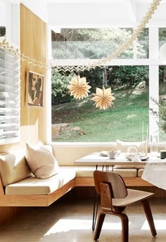 a table and chairs in front of a large window