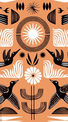 an orange and black design with two birds flying over the top of each other in front of a flower