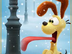 a cartoon dog holding a frisbee in its mouth while standing next to a lamp post