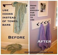 the before and after pictures show how to use hooks on towel bars in bathroom designs