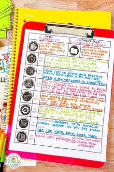 a clipboard with some writing on it next to markers and pencils in front of them