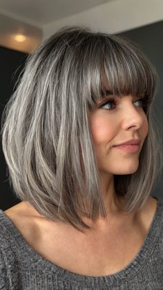 best smooth and immediately Medium period grey Hair Very Long Bob, Brown Hair With Silver Highlights, Modern Bob Hairstyles, Grey Hair With Bangs