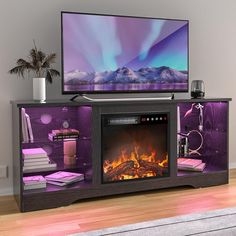 an entertainment center with a fireplace and television