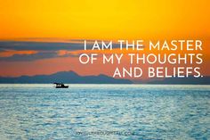 a boat floating on top of a large body of water under a cloudy sky with the words i am the master of my thoughts