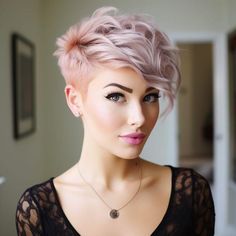 Unicorn Pixie Hair, Pink Short Hair Pixie Cuts, Pixie Haircolor Ideas, 2024 Pixie Cut, Punk Pixie Cut, Asymmetrical Pixie Cuts, Thick Hair Cuts