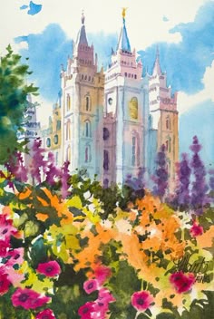 a painting of a castle surrounded by flowers