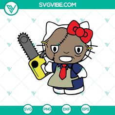 hello kitty holding a chainsaw in her hand and wearing a red bow on it