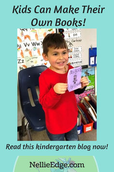 a young boy holding up a book with the words kids can make their own books