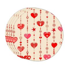 red hearts and stars hanging from strings on a white background