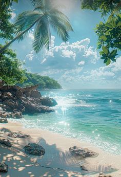 the beach is surrounded by palm trees and blue water with white clouds in the sky