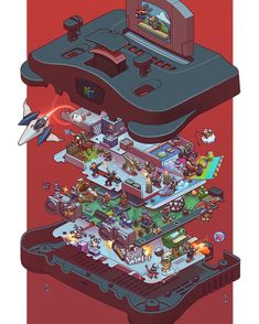 an image of a game console with many items on it and some people in the background