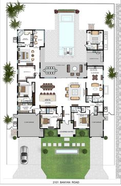 a floor plan for a house with two pools and an outdoor swimming pool in the middle