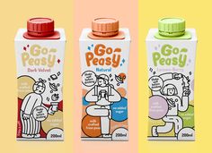 three cartons of go peasy milk on a yellow and pink background, one with an orange cap