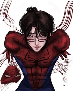 a drawing of a woman with glasses and a spider - man suit on her chest