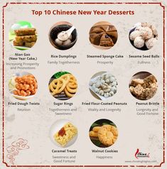 the top 10 chinese new year desserts info sheet is shown in red and white