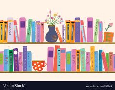 a bookshelf filled with lots of colorful books and a vase full of flowers