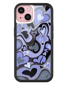 an iphone case with hearts in purple and black on the front, featuring a stylized design