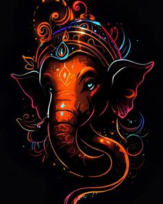 an elephant with intricate designs on it's face and trunk, painted in neon colors