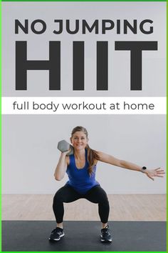 a woman doing squats with the words no jumping hit above her head and in front of