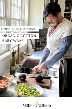 Father using the Simply Pure Organic Cotton Baby Wrap to hold their baby while they prepare food. Baby Wrap, Get Things Done, Toxic Chemicals, Organic Cotton Baby, Baby Wraps, Organic Baby, Cotton Baby