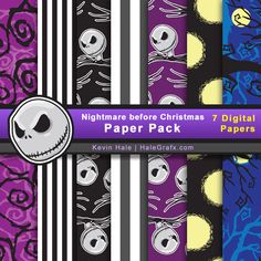 nightmare before christmas digital paper pack with skeleton and jack skellingy faces on purple, black