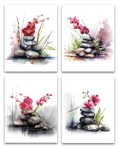 three paintings of flowers and rocks on a white background with watercolor paint effect in the middle