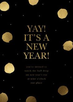 a black and gold new year's eve card with confetti on it