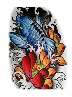 a blue bird with orange flowers on it's chest and wings flying in the air