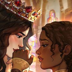 two women with crowns on their heads are looking at each other in front of a cityscape