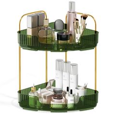 a green shelf with cosmetics and toiletries on it in front of a white background