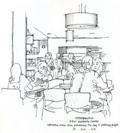 a black and white drawing of people sitting at a table