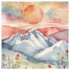 a watercolor painting of mountains with the sun in the background