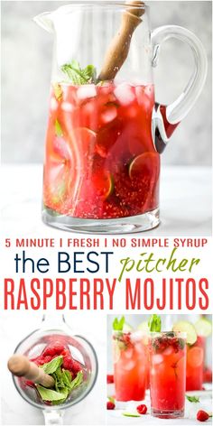 the best pitcher raspberry mojito recipe is shown in this collage