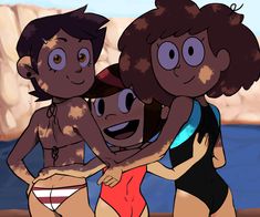 three cartoon people standing next to each other near the water and rocks in the background