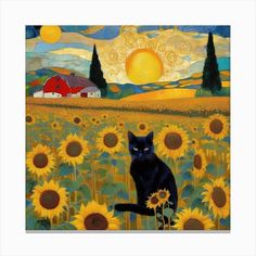 a black cat sitting on top of a field of sunflowers