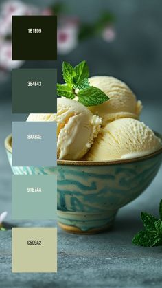 a bowl filled with ice cream and mint leaves