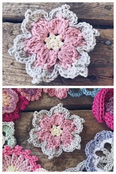 the crochet flower pattern is shown in three different colors